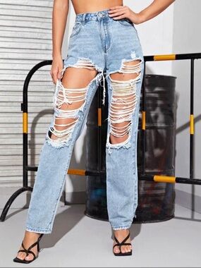 Women’s High-Rise Light Blue Wash Denim Distressed Ripped Pants Boyfriend Jeans